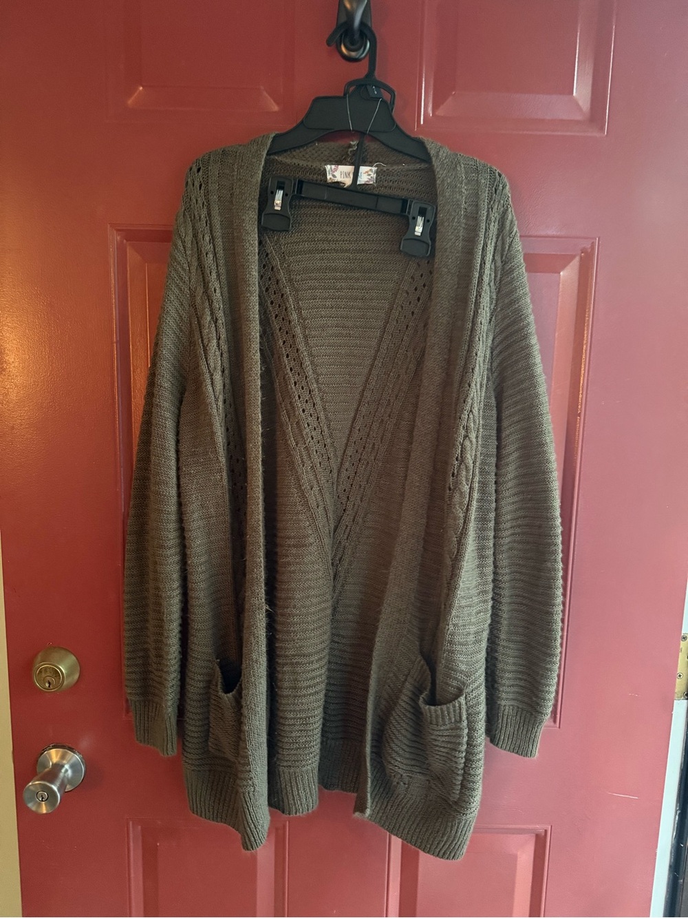 Pink Rose Olive-Brown Open-Front Knit Cardigan